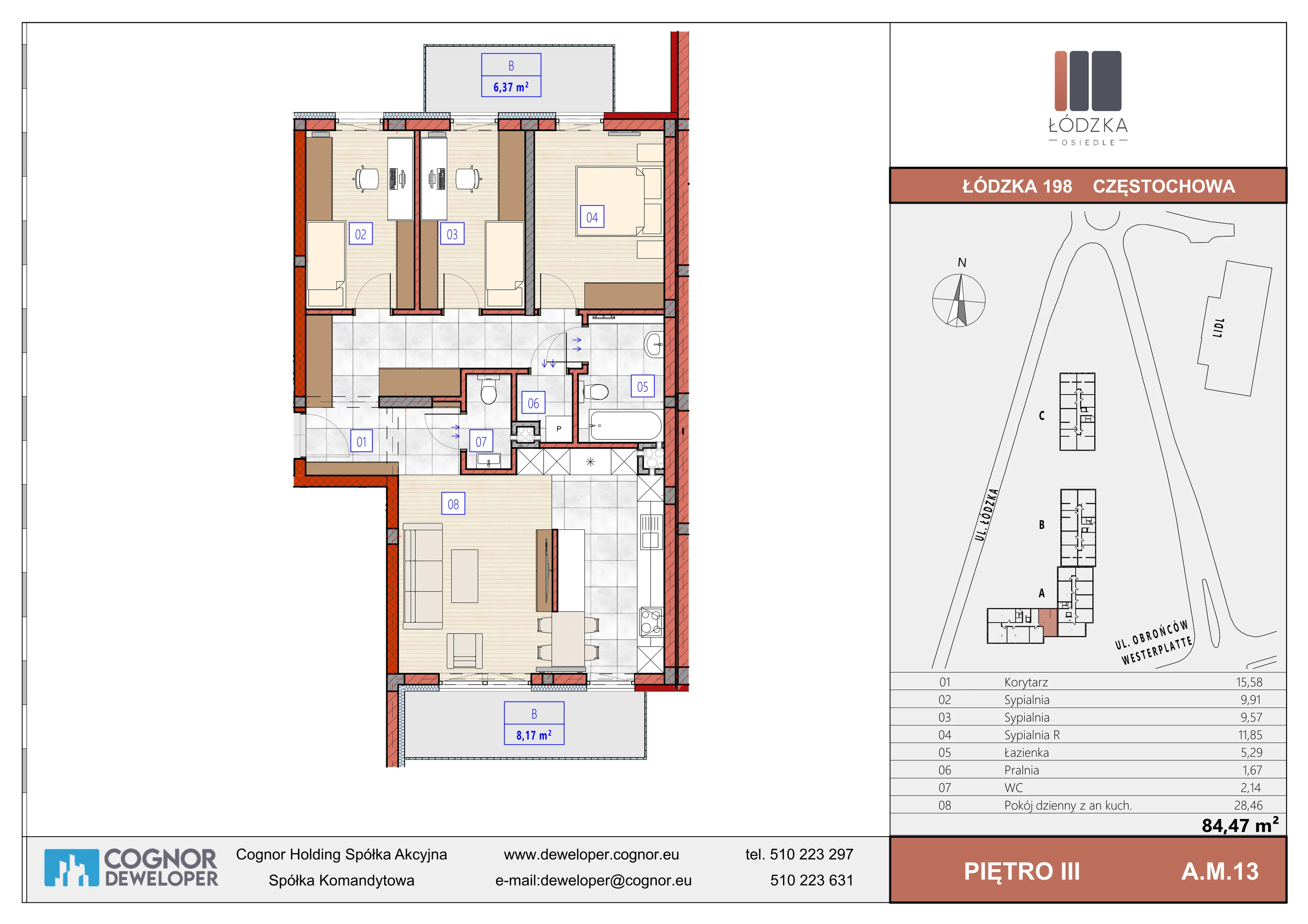 4 pokoje, mieszkanie 84,47 m², piętro 3, oferta nr A.M.13, Łódzka Osiedle, Częstochowa, Częstochówka-Parkitka, ul. Łódzka 198, 200, 202